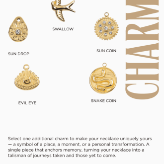 E-commerce graphic menu showing five gold pendant charms titled Swallow, Sun Drop, Sun Coin, Evil Eye, and Snake Coin with wholesale spa jewelry promotional text on a clean background.