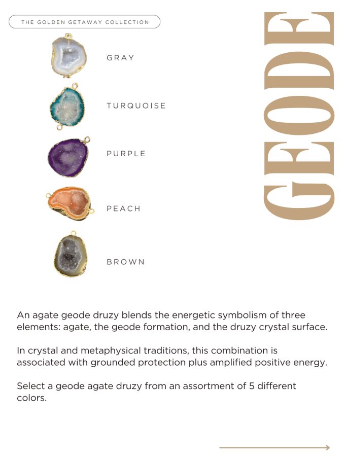 wholesale-spa-jewelry-agate-druzy-geode-stone-color-menu E-commerce options menu for the Golden Getaway Collection showing five gold-rimmed agate geode druzy stone slices in gray, turquoise, purple, peach, and brown, optimized for wholesale spa jewelry ordering and custom resort boutique catalogs.