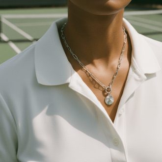 Silver pickleball necklace with pickleball paddle charm.