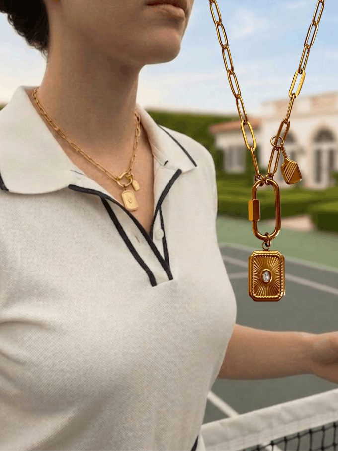 Pickleball necklace with carabiner clasp by Chelsea Bond Jewelry.
