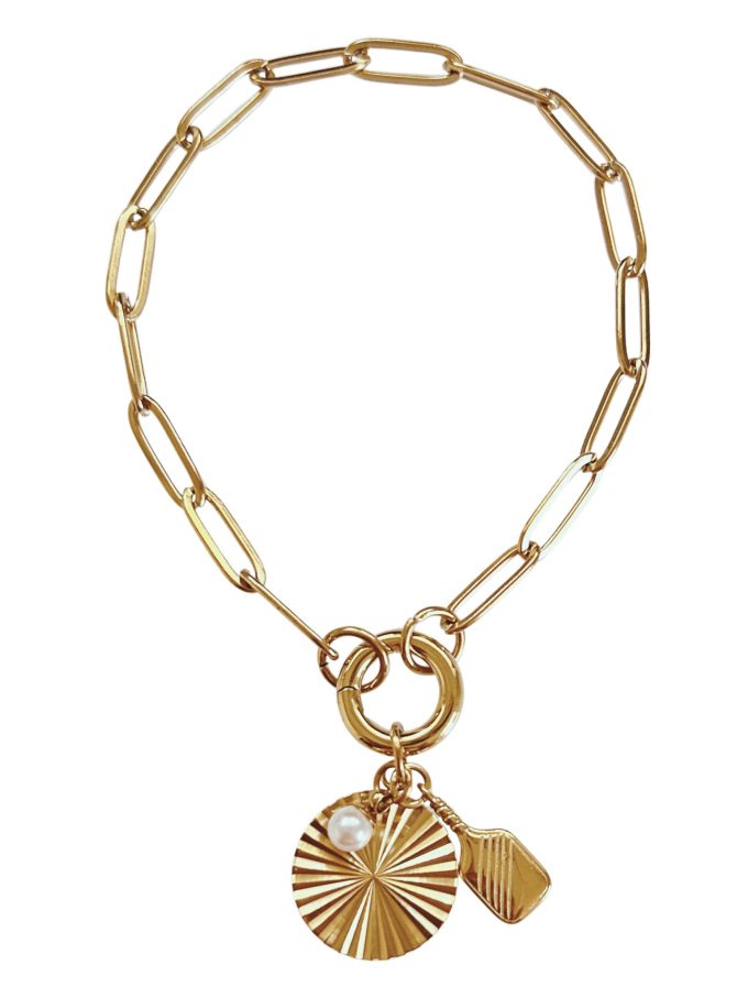 Gold Pickleball Bracelet with Round Starburst Charm Gold pickleball bracelet with petite pearl, paddle and round starburst charm.