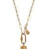 Luxury pickleball charm necklace with paperclip chain, carabiner clasp, paddle charm, and rectangular pendant in gold or silver stainless steel