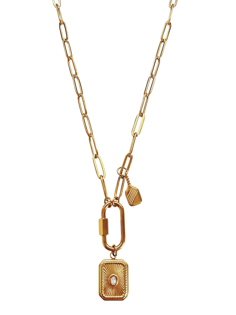 Luxury pickleball charm necklace with paperclip chain, carabiner clasp, paddle charm, and rectangular pendant in gold or silver stainless steel