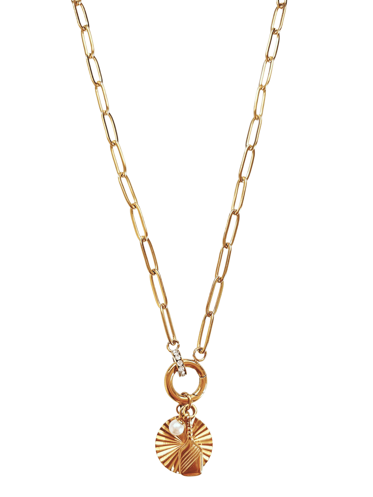 Gold 16"L layering necklace with pickleball charm, pearl charm, and sunburst charm.
