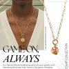 Wholesale resort jewelry marketing banner for the Palm Beach Rally Necklace from The Court Collection by Chelsea Bond Jewelry, showing a model wearing a gold paperclip chain necklace with a pickleball paddle and fluted ball charm pendant on a tennis court, alongside product details targeting country club boutiques.