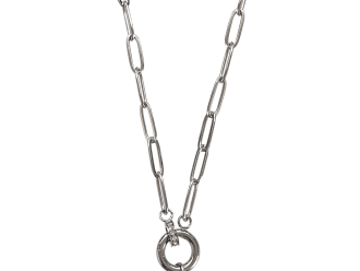 Silver round starburst pickleball necklace with charm holder closure.