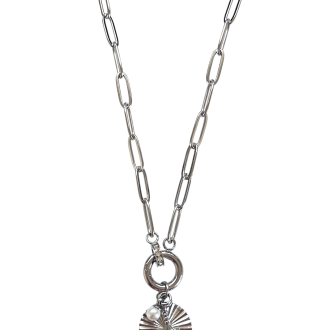 Silver round starburst pickleball necklace with charm holder closure.