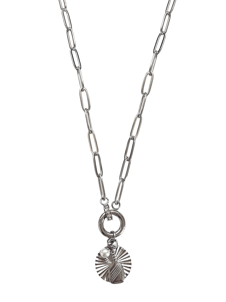 Silver round starburst pickleball necklace with charm holder closure.