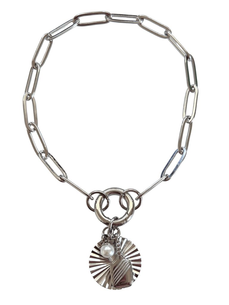 Charm holder bracelet with pickleball charm in silver.