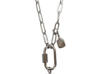 Silver carabiner clasp charm holder necklace with pickleball charm.