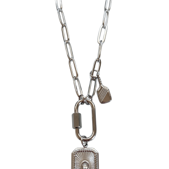 Silver carabiner clasp charm holder necklace with pickleball charm.