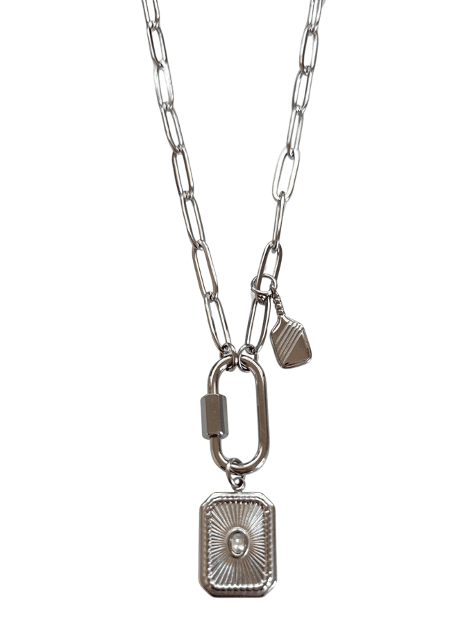 Silver carabiner clasp charm holder necklace with pickleball charm.