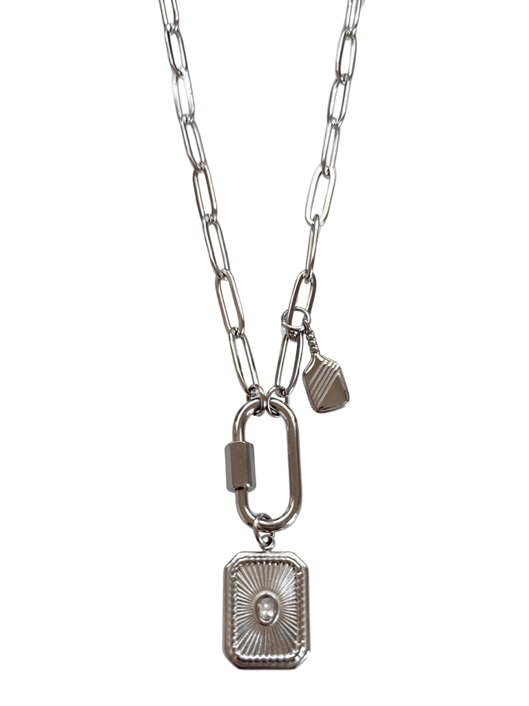 Silver carabiner clasp charm holder necklace with pickleball charm.