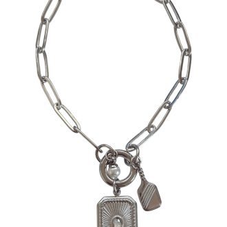 Silver link bracelet with charm holder clasp.