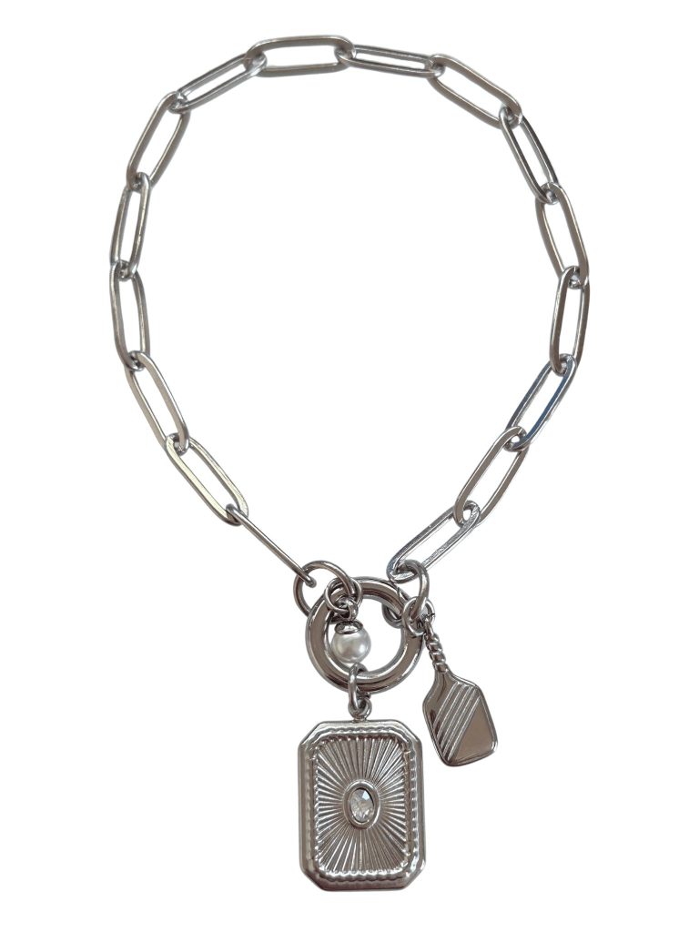 Silver link bracelet with charm holder clasp.