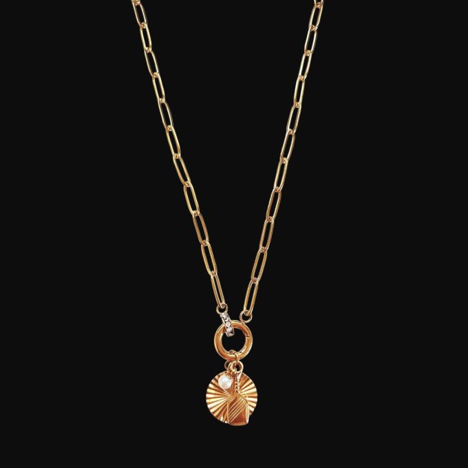 Gold paperclip link chain necklace featuring a circular spring clasp holding a round fluted sunburst disc charm, a freshwater pearl drop, and a small textured paddle tag on a black background.