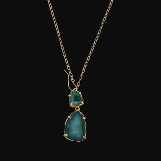 Handcrafted Bora Bora double geode slice pendant necklace on a 14k gold-filled chain featuring a unique front earwire closure.