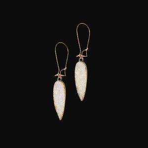Druzy gemstone earrings in various colors on 14k gold-filled kidney earwires, perfect for resort, boutique, and spa jewelry collections.