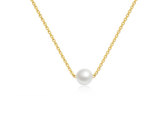 Gold waterproof necklace with a single pearl pendant on a 17.7-inch stainless steel chain with a 2-inch extender