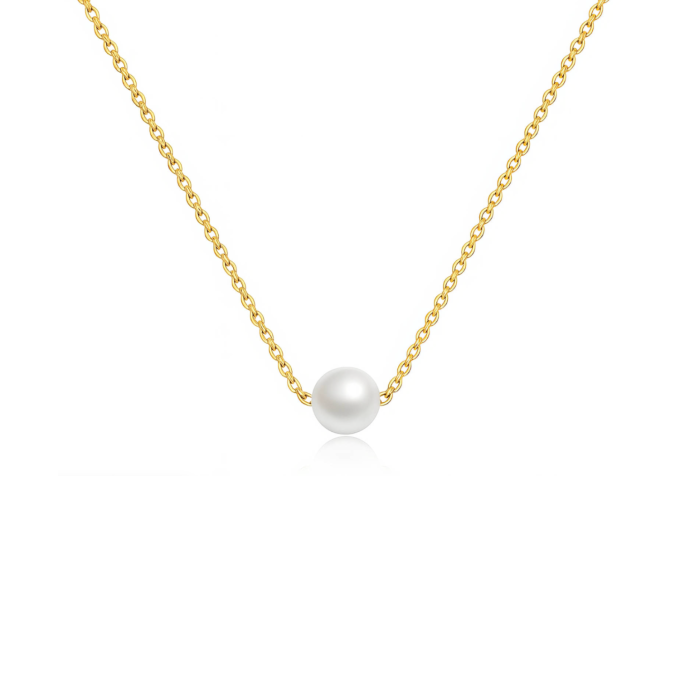 Gold waterproof necklace with a single pearl pendant on a 17.7-inch stainless steel chain with a 2-inch extender