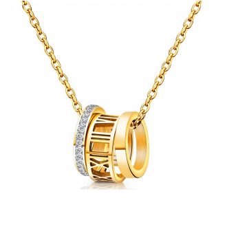 Gold waterproof necklace featuring a triple ring pendant with Roman numerals and cubic zirconia accents