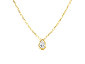 Gold waterproof necklace with pear shaped cubic zirconia pendant on an 18-inch stainless steel chain