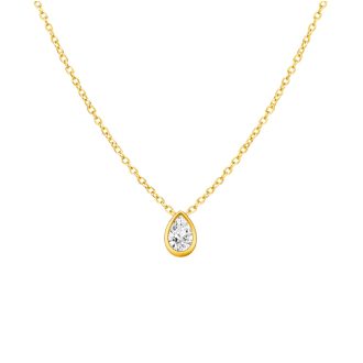 Gold waterproof necklace with pear shaped cubic zirconia pendant on an 18-inch stainless steel chain