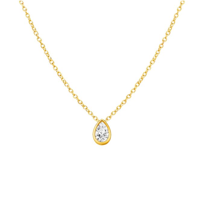 Gold waterproof necklace with pear shaped cubic zirconia pendant on an 18-inch stainless steel chain