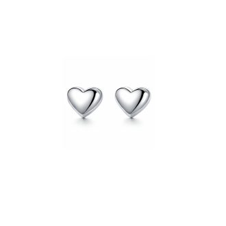 Silver petite waterproof heart earrings on white background.