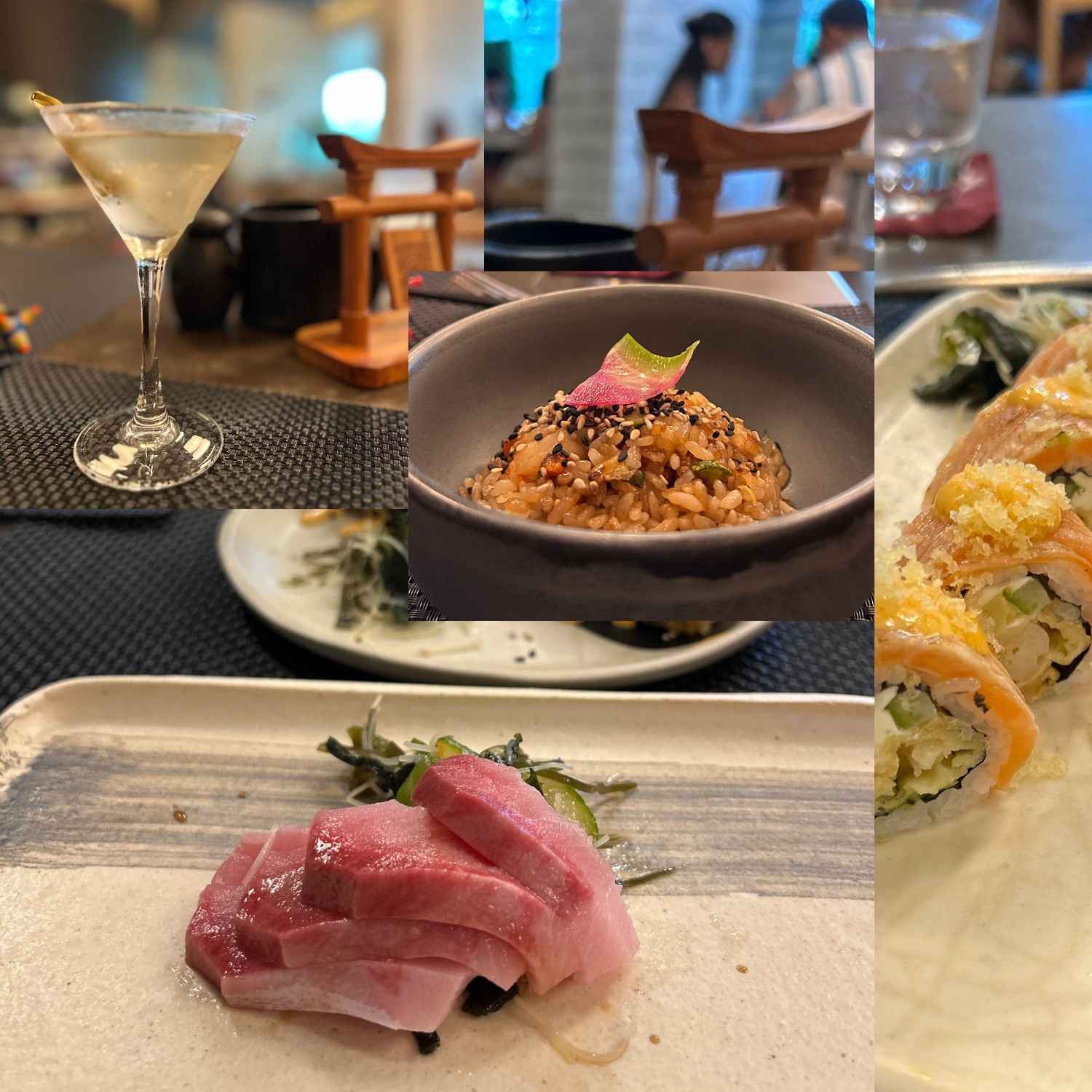 A dinner table spread at Tama-Mon restaurant in Hotel Xcaret México featuring fresh hamachi nigiri sushi, a live Mongolian grill station plate, and a classic martini cocktail.