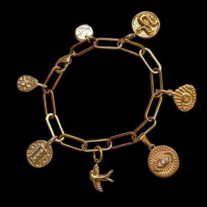 Chunky gold paperclip link chain bracelet arrayed with six distinct charms including a snake, an evil eye, and a swallow bird, ideal for luxury resort jewelry showcases.