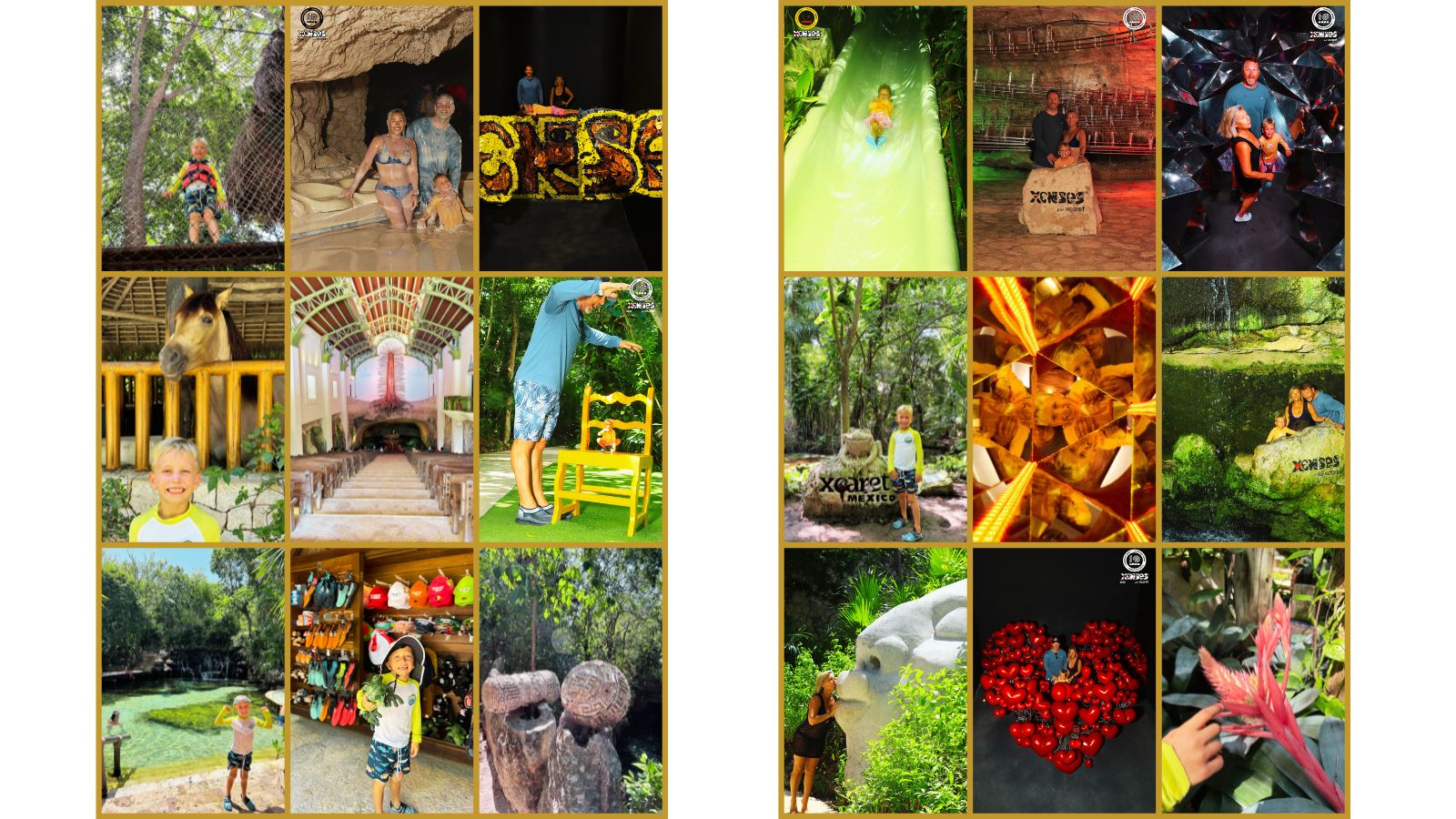 A photo collage showing a family enjoying vacation activities at Xcaret Park and Xenses Park in Mexico, including swimming in underground rivers and exploring optical illusions.