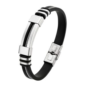 Men's black silicone rubber bracelet with stainless steel ID plate, cable mesh inlay, and a fold-over clasp closure.