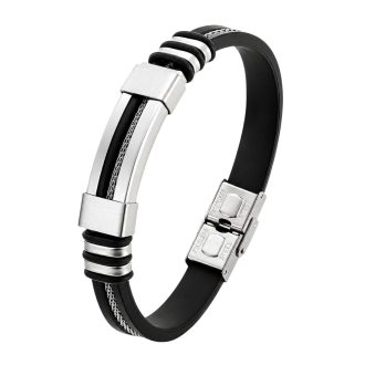 Men's black silicone rubber bracelet with stainless steel ID plate, cable mesh inlay, and a fold-over clasp closure.
