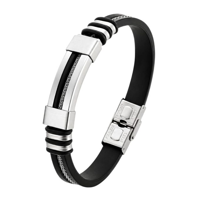 Men's black silicone rubber bracelet with stainless steel ID plate, cable mesh inlay, and a fold-over clasp closure.