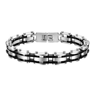 Men's heavy-duty waterproof stainless steel chain link bracelet with black rubber connectors and a fold-over deployment clasp.