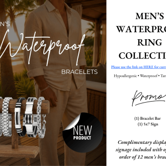 Men's waterproof, hypoallergenic, and tarnish-resistant steel and black rubber bracelets on a wooden display T-bar stand next to promotional text for Chelsea Bond Jewelry.
