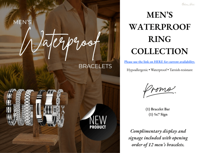Men's waterproof, hypoallergenic, and tarnish-resistant steel and black rubber bracelets on a wooden display T-bar stand next to promotional text for Chelsea Bond Jewelry.