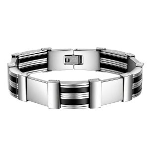 Men's waterproof 316L stainless steel link bracelet with black bands.