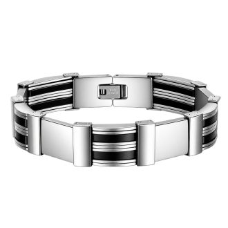 Men's waterproof 316L stainless steel link bracelet with black bands.