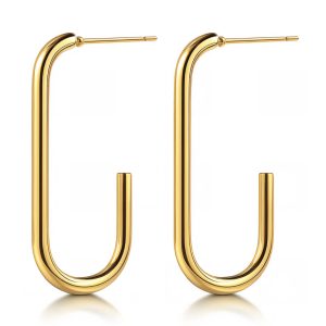 Elongated gold rectangle hoop earrings made from waterproof, hypoallergenic stainless steel, shown as a pair against a white background.