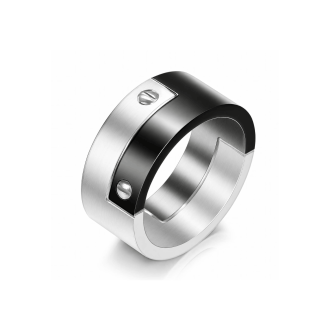 A men's two-tone stainless steel ring featuring a wide band with a brushed silver finish and a contrasting polished black center inlay secured by two silver screw details