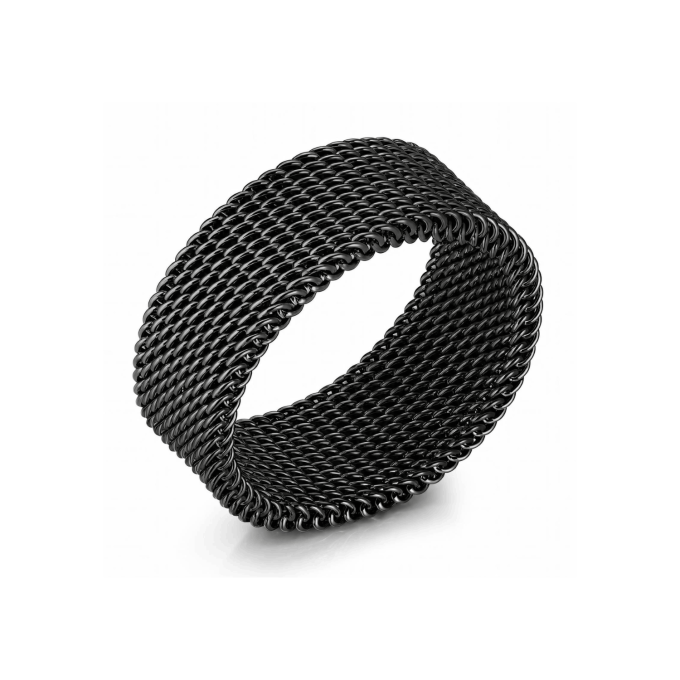 A wide men's black titanium-coated stainless steel ring featuring an intricate woven mesh pattern mimicking a classic Milanese watch band texture with a durable matte sheen.