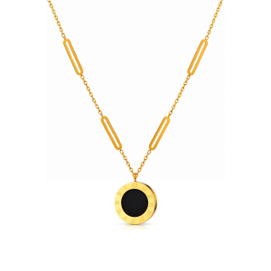 Link chain waterproof necklace with roman numeral pendant.