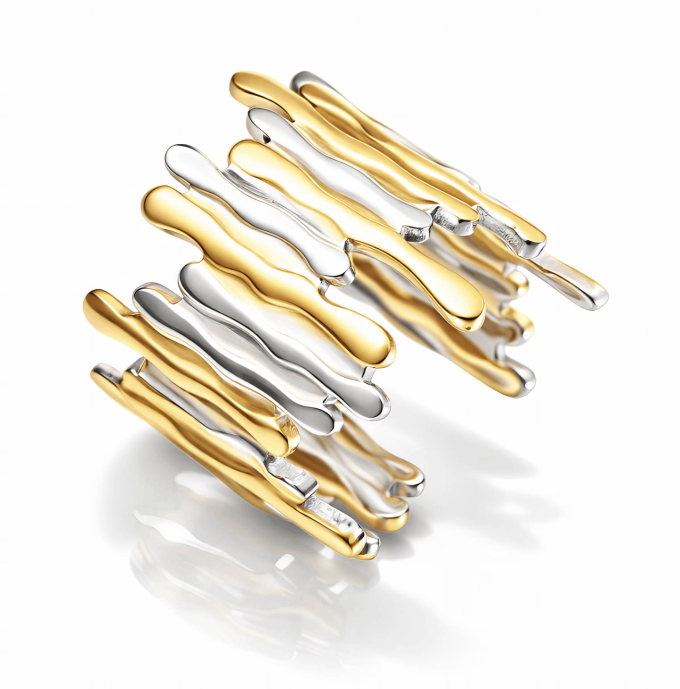 Waterproof two-tone adjustable ring featuring a stacked liquid-metal wavy design in PVD gold-plated and silver stainless steel.