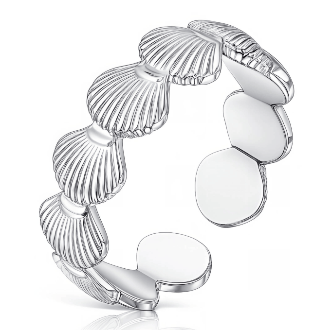 Waterproof Silver Seashell Adjustable Ring | Stainless Steel Ocean Jewelry Waterproof silver seashell adjustable open ring with textured scallop shell details