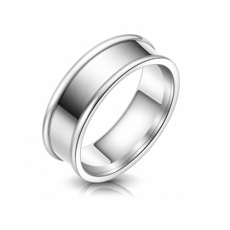A silver men's wedding band made of stainless steel, featuring a wide, slightly recessed center with a fine brushed satin finish and highly polished, raised outer borders.