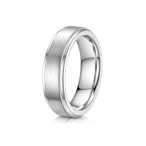 A silver men's wedding band made of waterproof stainless steel, featuring a brushed matte center finish, polished step edges, and a smooth high-shine inner comfort fit.