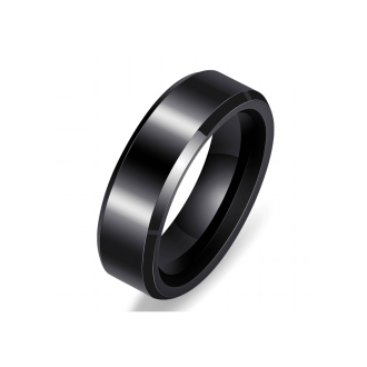 A men's black stainless steel ring featuring a wide band with a mirror-polished glossy surface and sleek, flat-angled beveled edges.