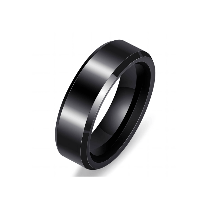 A men's black stainless steel ring featuring a wide band with a mirror-polished glossy surface and sleek, flat-angled beveled edges.